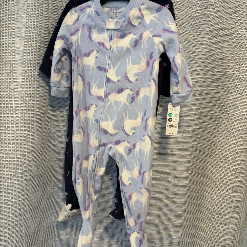 Carter's One Piece Footed Pajama Girls Set of 2 Size 18 Months Blue & Purple NWT